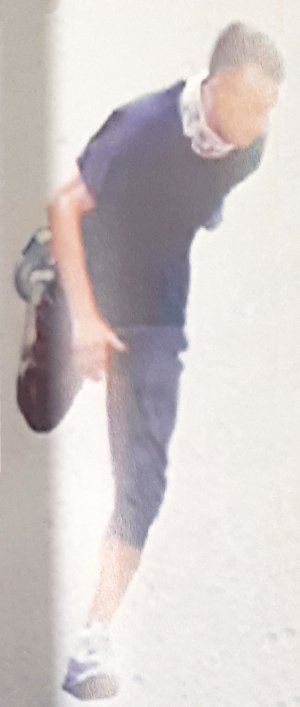 Publikowane zdjęcia przedstawiają wizerunek mężczyzny podejrzanego o rozbój na kobiecie.  Na zdjęciach widać jak mężczyzna ubrany w granatowy t-shirt, niebieskie jeansy za kolano oraz sportowe jasne podchodzi do kobiety spacerującej ze swoim małym dzieckiem i używając siły, zrywa jej z szyi łańcuszek, a następnie ucieka. Zdjęcia przedstawiają jego sylwetkę, ubiór i twarz.