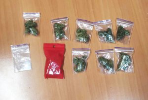 Zdjęcie przedstawia 9 foliowych, przeźroczystych woreczków z zapięciem strunowym. W ośmiu z nich znajduje się zielonobrunatny susz, w jednym biały proszek. Ponadto na zdjęciu jest jeden plastikowy, czerwiowy woreczek z białym proszkiem wewnątrz.