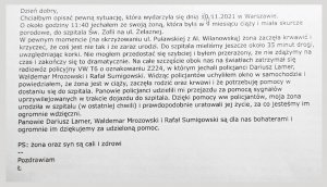 Zdjęcie przedstawia treść maila nadesłanego do Komisariatu Policji Warszawa Ursynów przez szczęśliwego ojca nowo narodzonego dziecka.