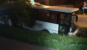 Na zdjęciach kilka ujęć białego autobusu linii warszawa- Grójec. Autobus jest na pasie zieleni. ma uszkodzony przód i przednią szybę.